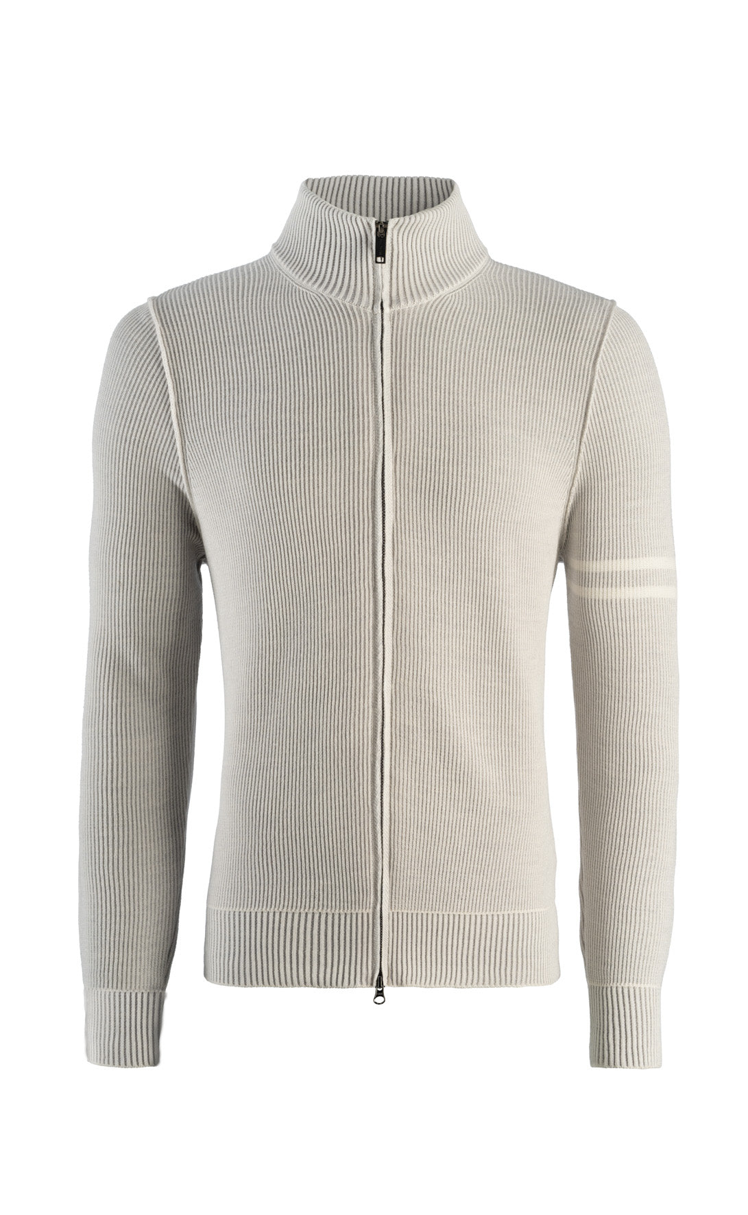 Sportliche Zippjacke aus 2-färbiger Rippe und Ringel am Arm, 100% Merino, relaxed fit