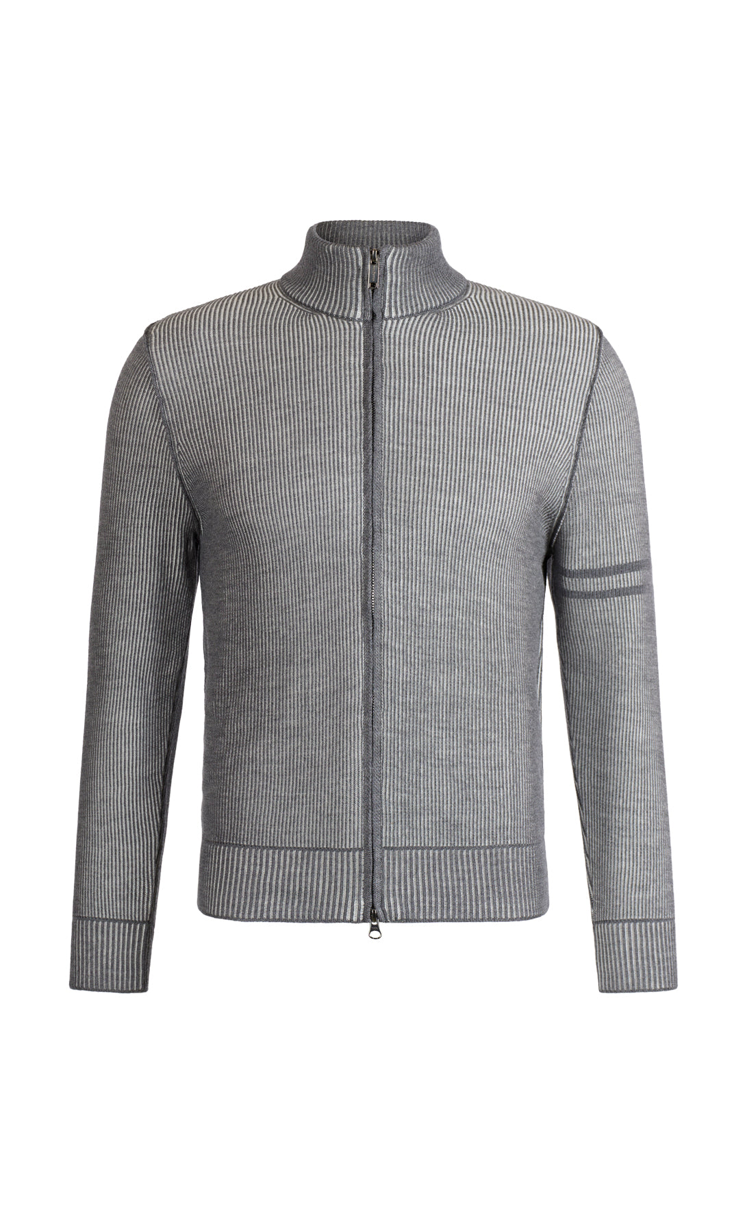Sportliche Zippjacke aus 2-färbiger Rippe und Ringel am Arm, 100% Merino, relaxed fit