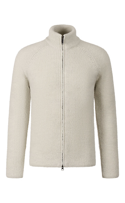 Flauschige Zippjacke aus Merino-Doppelperlfang im Fake-Fur-Look, relaxed fit