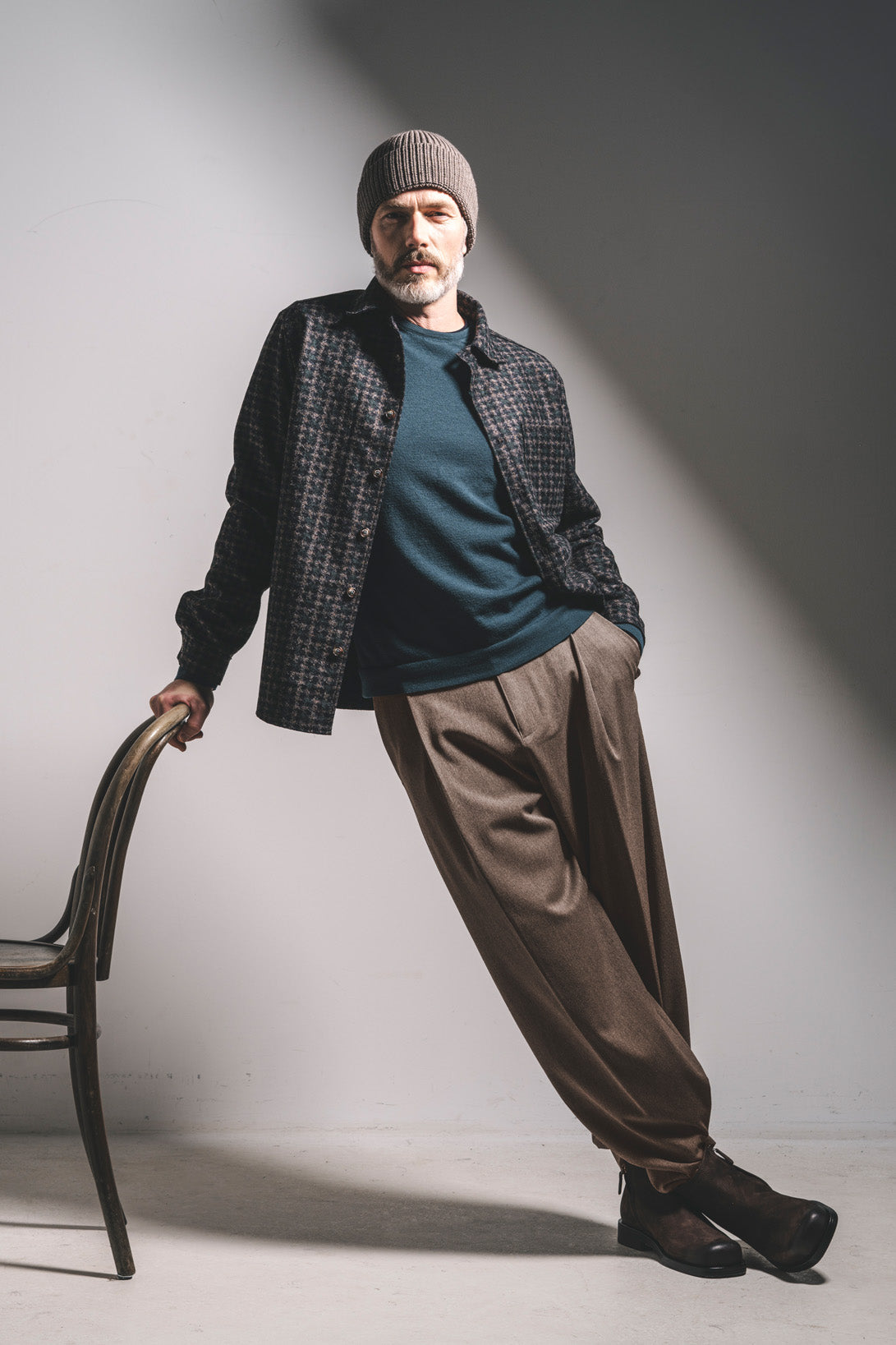Leichtes Overshirt im Hahnentrittmuster aus Wolle-Baumwolle-Jersey, relaxed fit