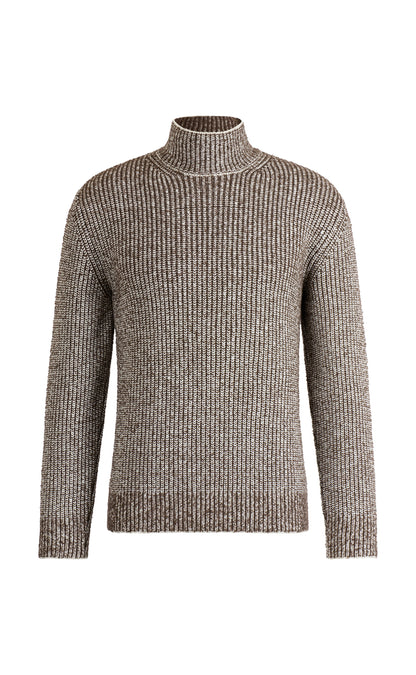 Stehkragen-Pullover in 2-färbiger Perlfangstruktur aus Merinowolle, relaxed fit